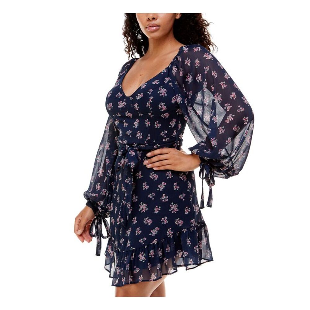 B DARLIN Womens Short Dress Navy Balloon Sleeve Tie Sleeves Juniors 1\2 - Picture 3 of 4